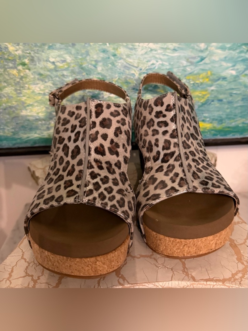 Corkys Carly Metallic Leopard Print Cork Wedge Sandals - Brown/Tan/Black - Picture 2 of 7